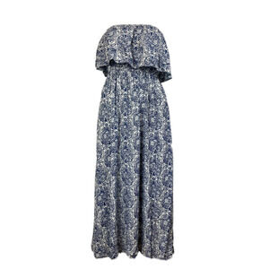 Yidarton Dress Womens Sz M White Blue Floral Print Strapless‎ Ruffle Maxi